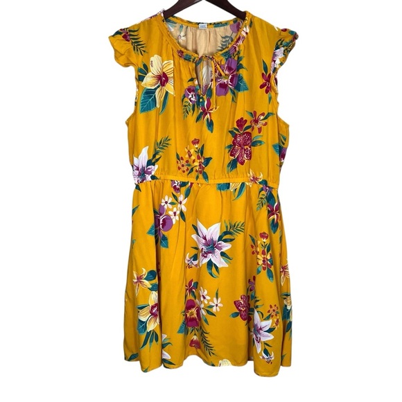 Old Navy Yellow Floral Midi Dress Sz XL Short Flutter Sleeve Casual Boho Flowy - Picture 3 of 11